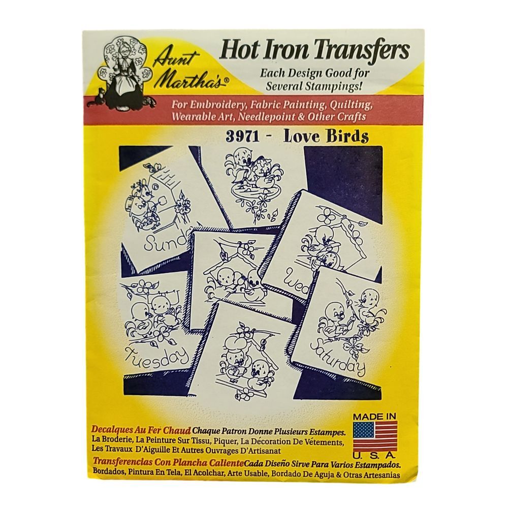 Aunt Martha's Love Birds Hot Iron Transfer Pattern #3971 for Embroidery & Crafts